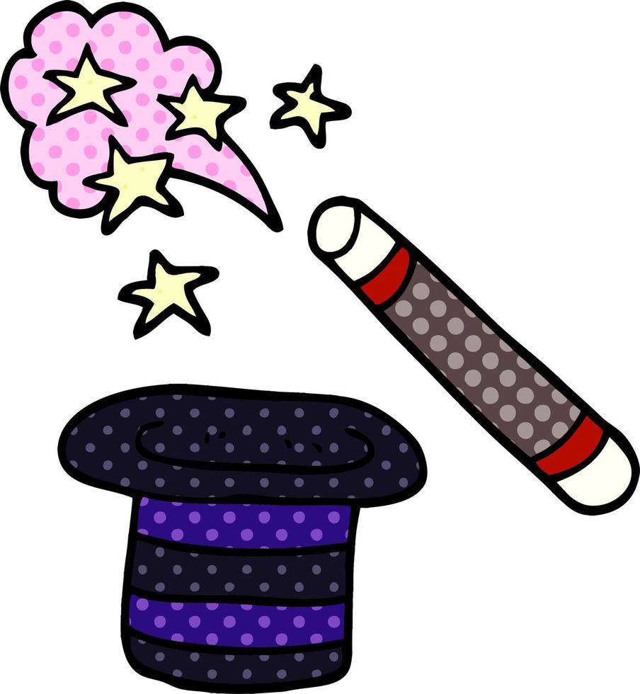 cartoon doodle magicians hat and wand vector
