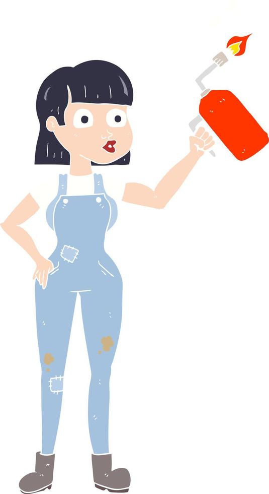 flat color illustration of a cartoon woman in dungarees vector