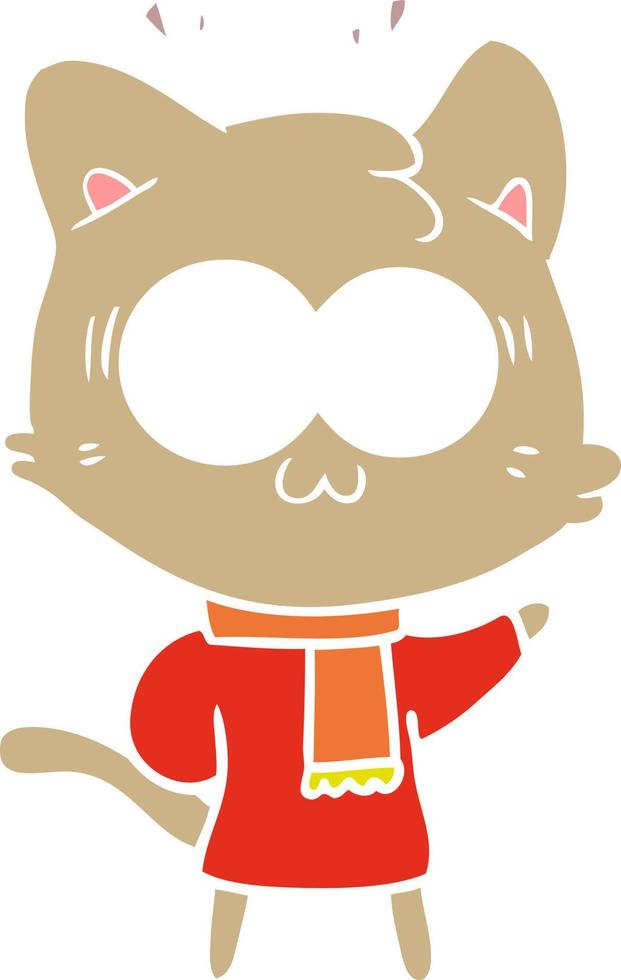 gato sorprendido de dibujos animados de estilo de color plano con ropa cálida de invierno vector