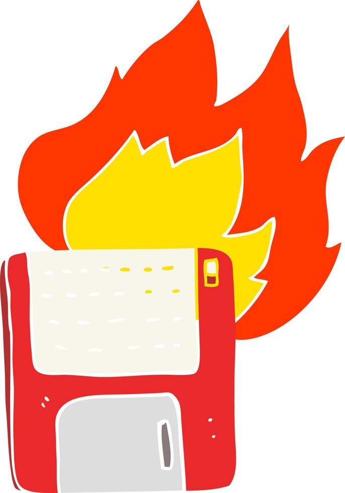 flat color illustration of a cartoon old computer disk burning vector