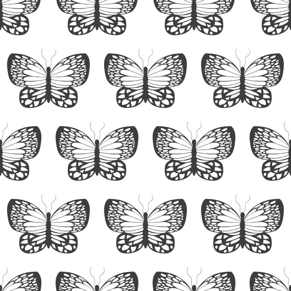 Seamless pattern with black silhouettes of butterflies isolated on a white background. Simple monochrome abstract outline design vector