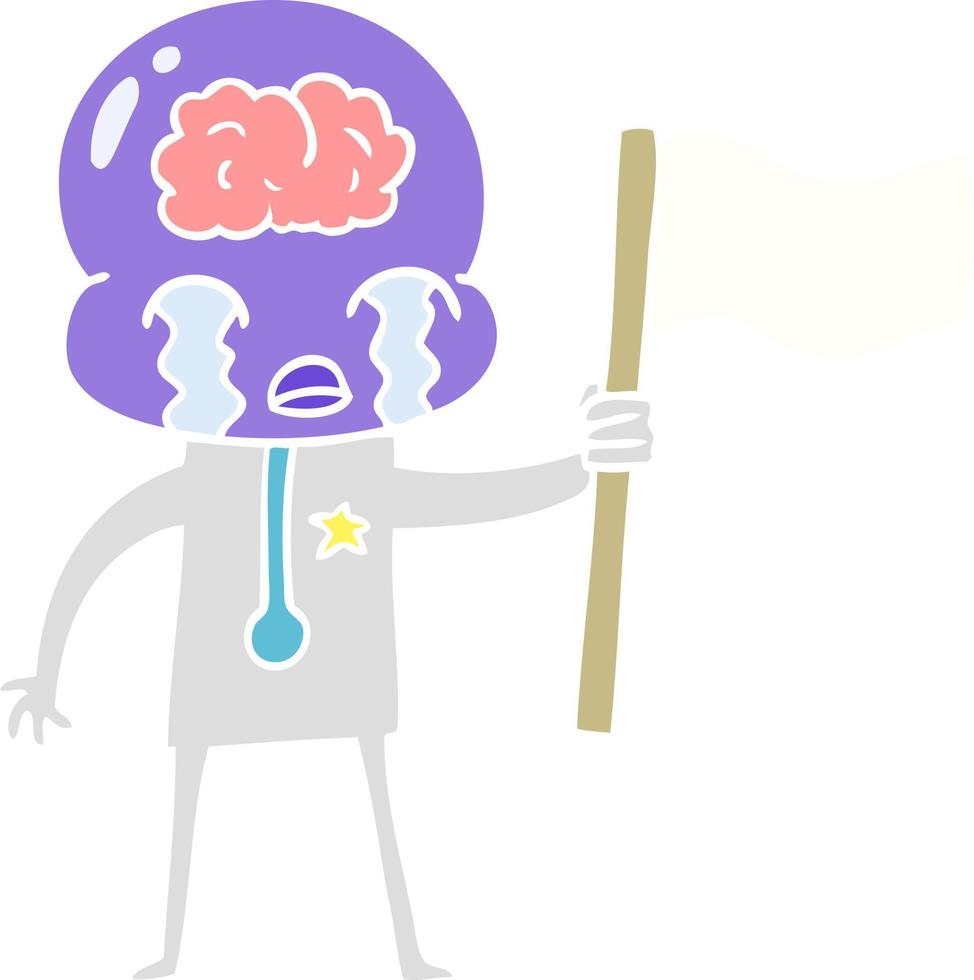 flat color style cartoon crying big brain alien waving a flag vector