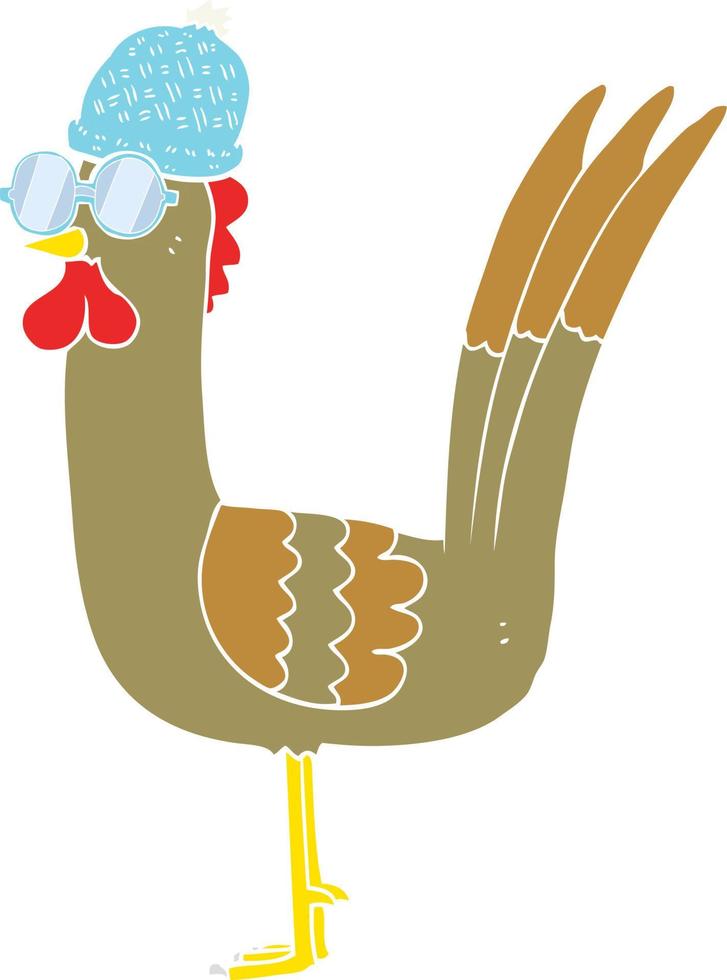 ilustración de color plano de un pollo de dibujos animados con gafas y sombrero vector