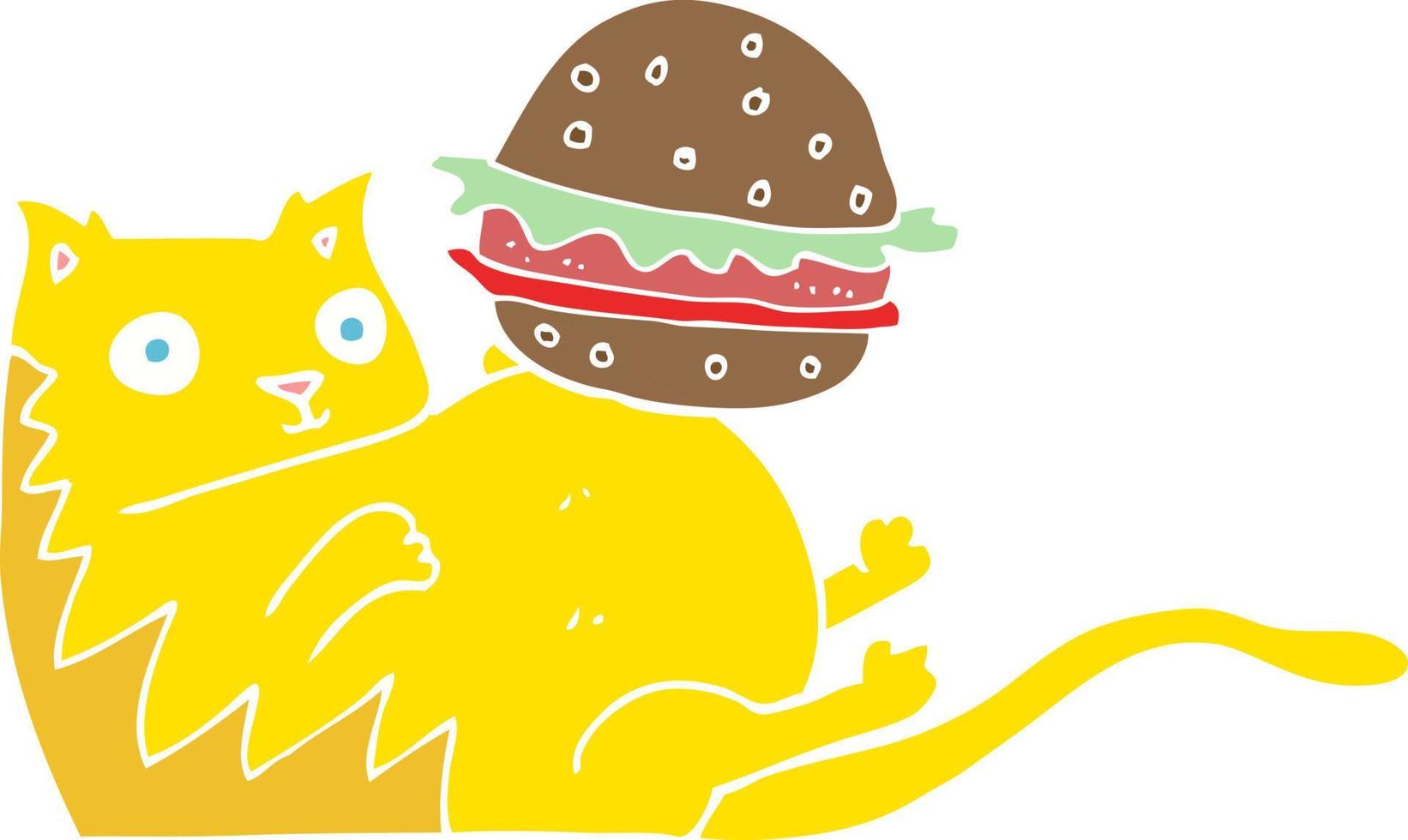 flat color illustration of a cartoon fat cat with burger vector
