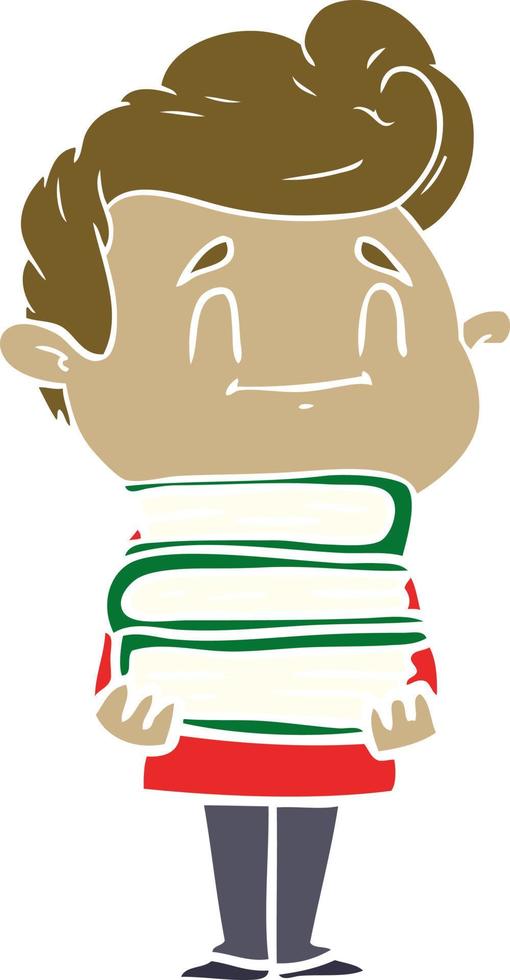 happy flat color style cartoon man with stack of new books vector
