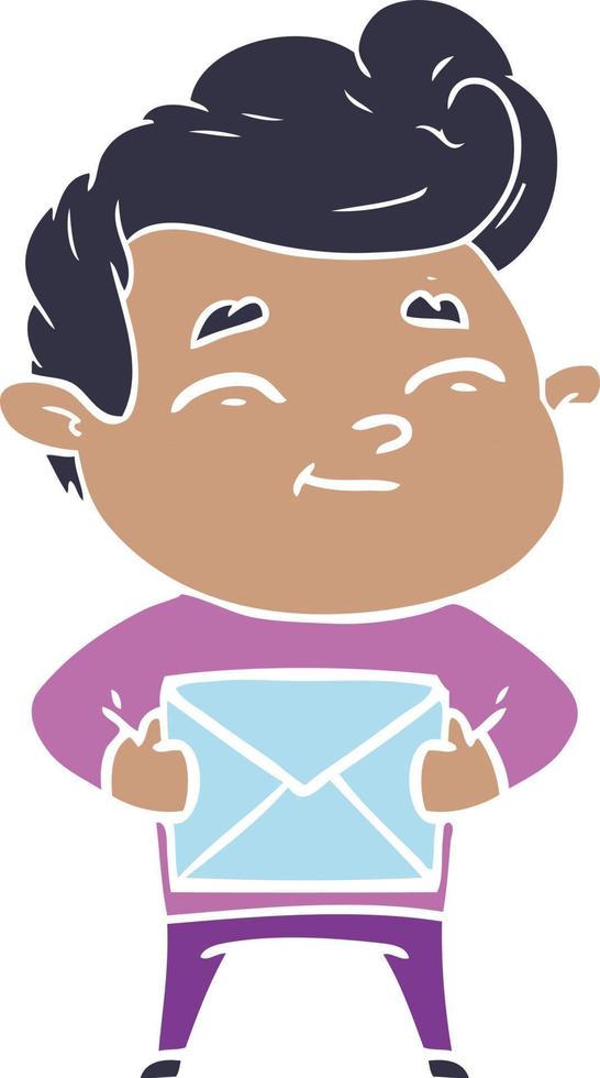 happy flat color style cartoon man with gift vector