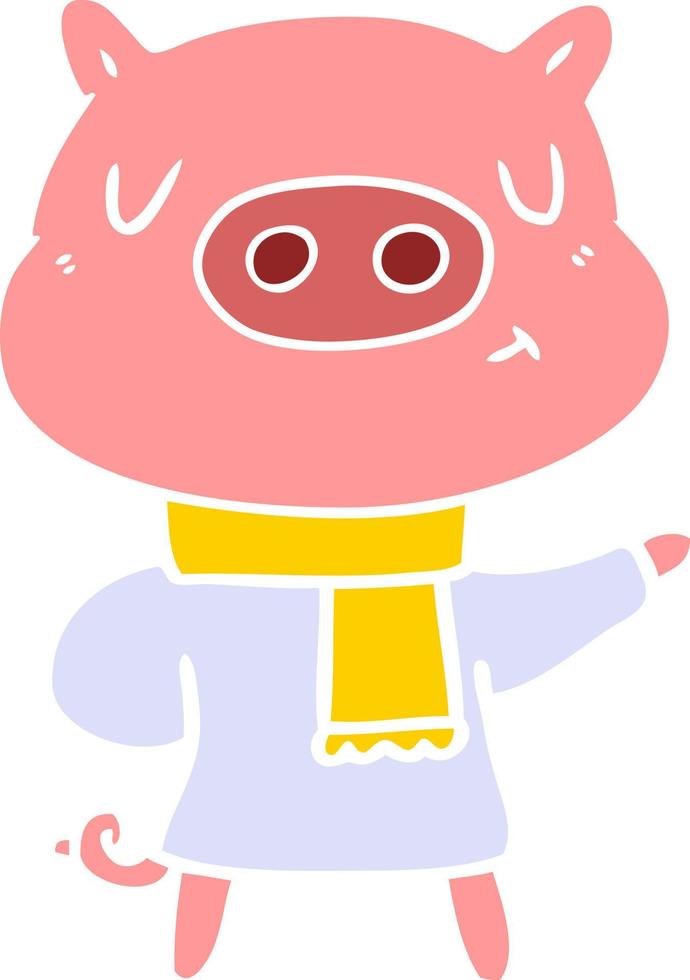 flat color style cartoon content pig in winter attire vector