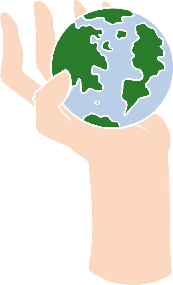 flat color style cartoon hand holding whole earth vector