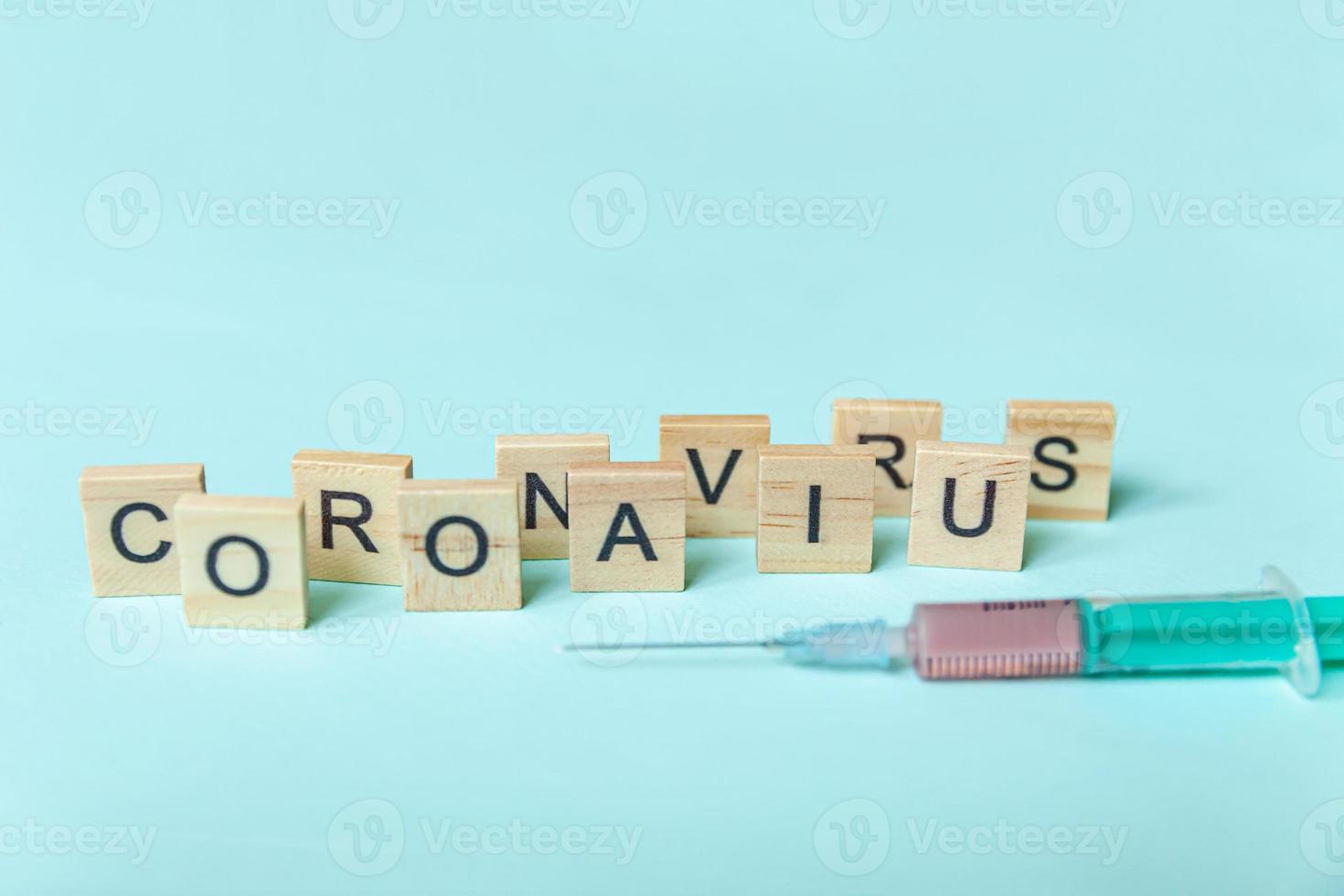 Text phrase Coronavirus and syringe on blue pastel background. Novel coronavirus 2019-nCoV MERS-Cov covid-19 middle East respiratory syndrome coronavirus virus vaccine concept. photo