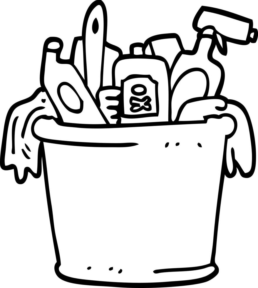 line drawing cartoon house cleaning products vector