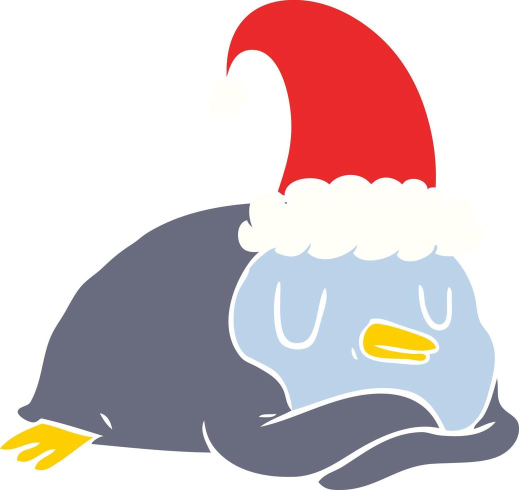 flat color style cartoon penguin wearing christmas hat vector