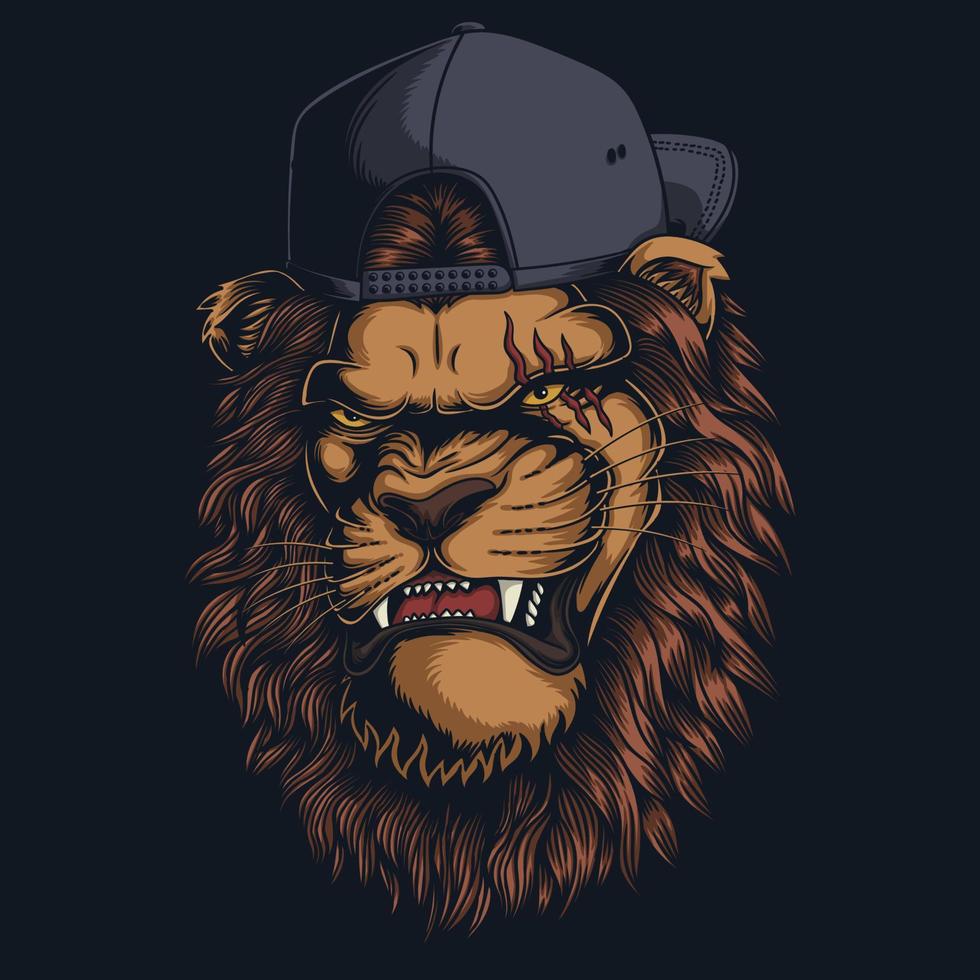 Lion angry wearing backwards hat vector illustration