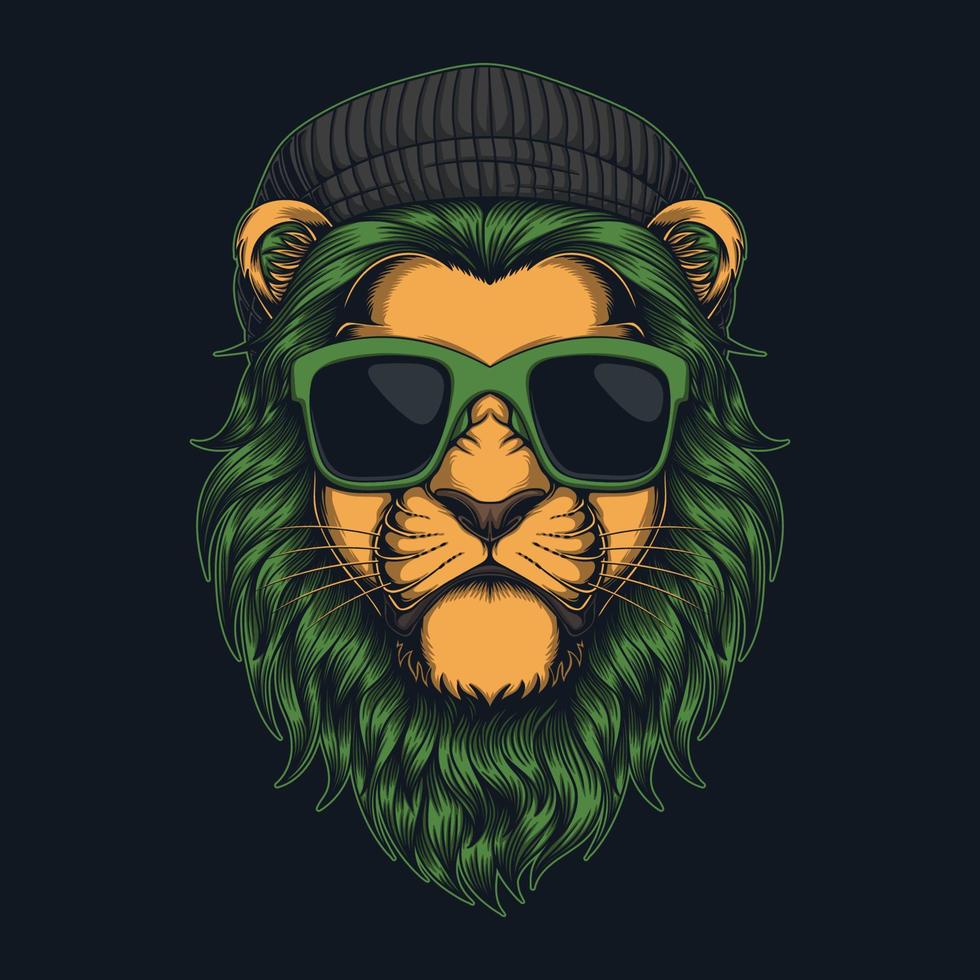 Lion fur green wearing beanie hat and glasses vector illustration ...