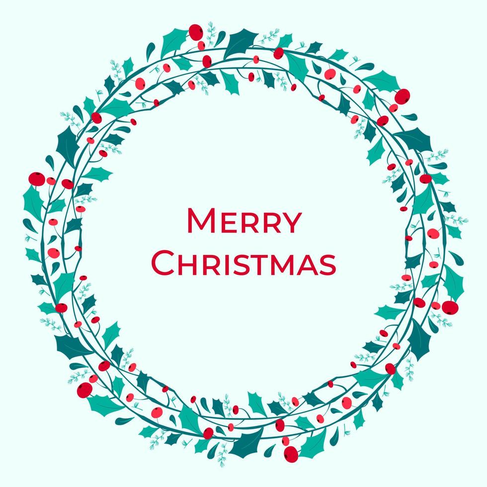 Merry Christmas round frame. Mistletoe wreath design flat illustration style. Template for greeting card, invitation, logo vector