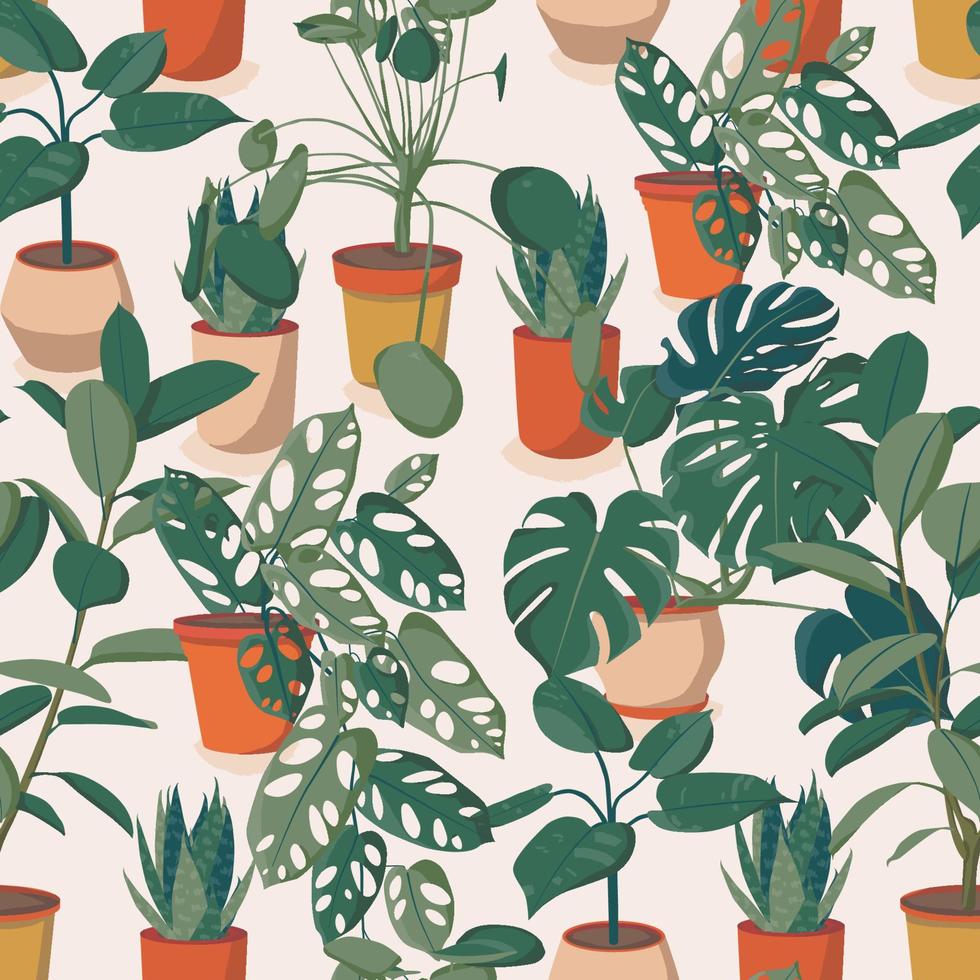 Pattern of different houseplants. Ficus, monstera, succulent, pilea in various pot, vase. Scandinavian cozy home decor. Flat vector cartoon print pattern illustration