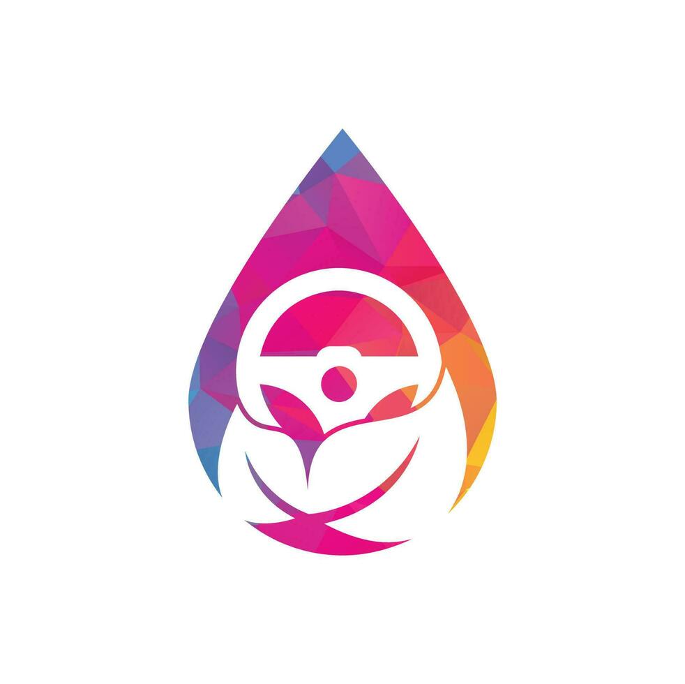 Eco steering wheel vector logo design. Steering wheel and drop shape symbol or icon.
