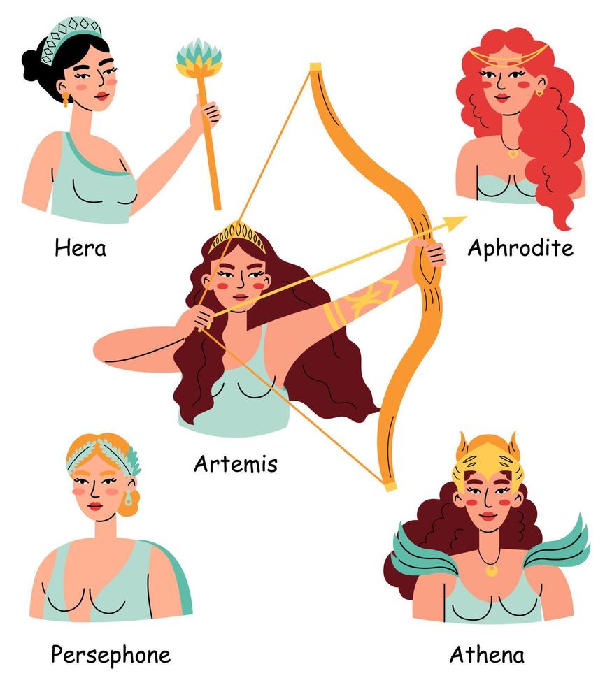 concepto de mitología griega. colección de hermosas diosas hera, afrodita, artemisa, atenea y perséfone sobre fondo blanco. vector