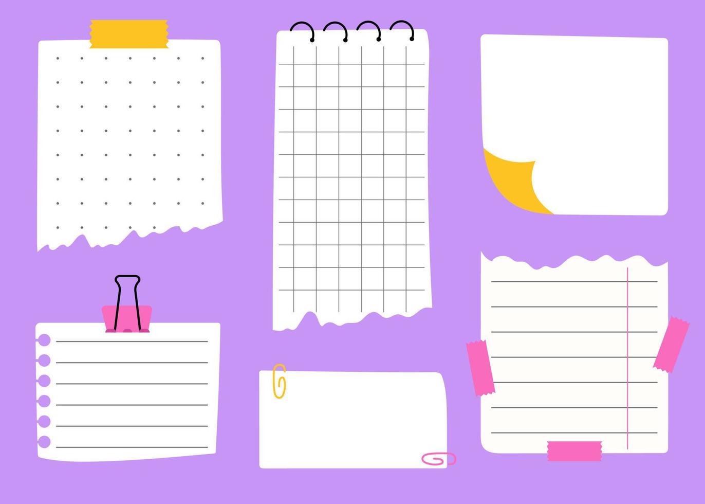 conjunto de plantillas de notas de papel dibujadas a mano para listas de verificación o listas de tareas. hojas de cuaderno con clip y cinta adhesiva sobre fondo morado. vector