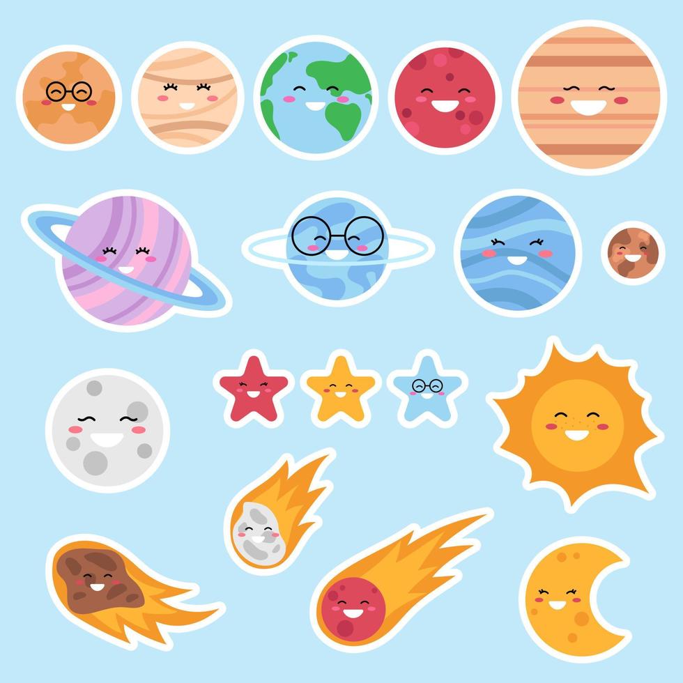 lindas pegatinas cósmicas aisladas en fondo azul. planetas kawaii,  asteroides, cometas, estrellas, sol y luna. ilustración vectorial para  niños. 12184301 Vector en Vecteezy