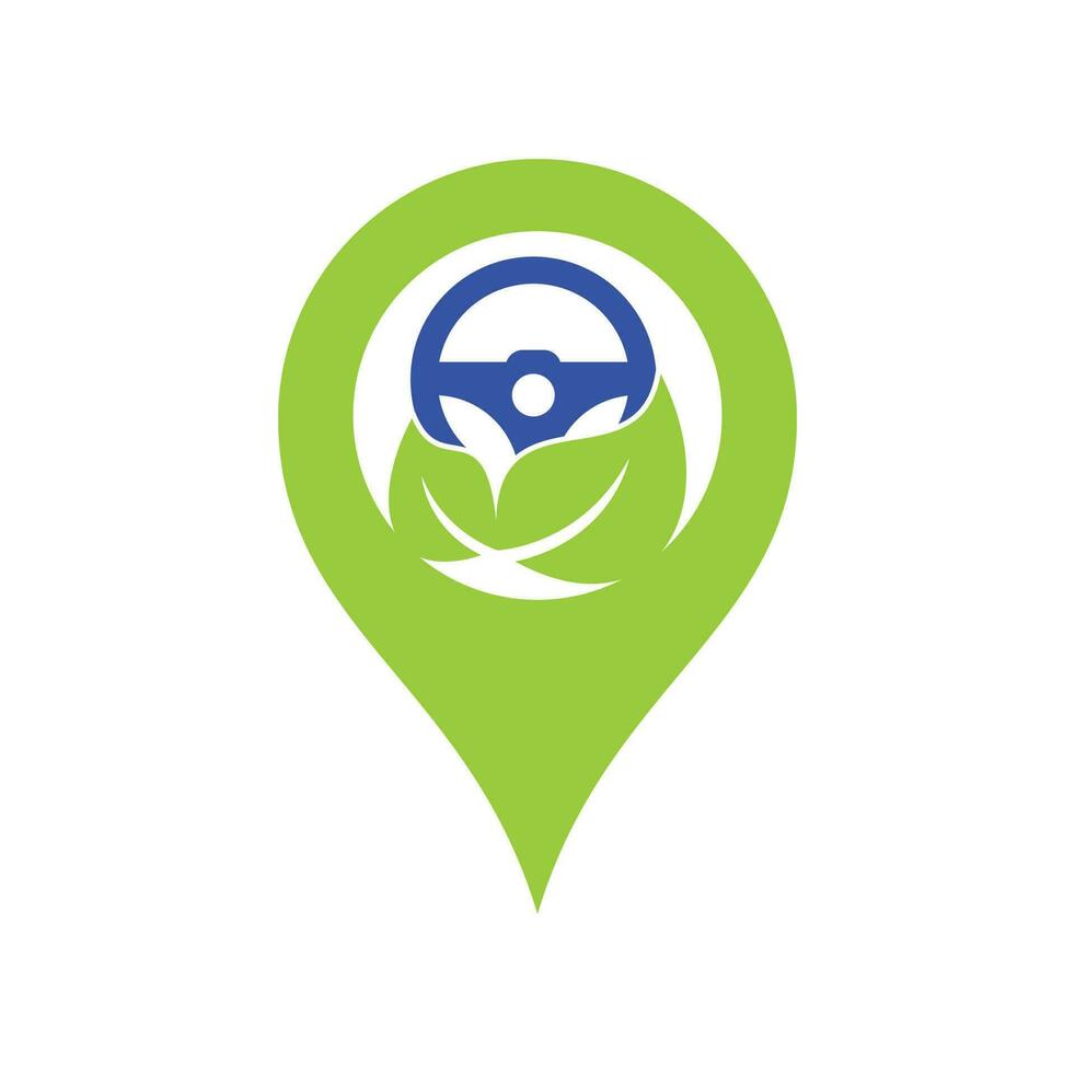 Eco steering wheel vector logo design. Steering wheel and map pin shape symbol or icon.