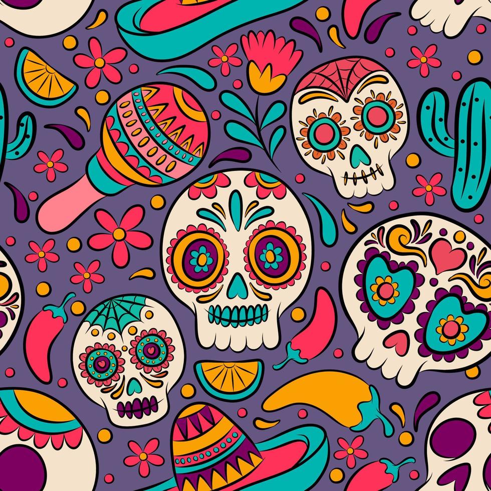 Sugar Skull Hand Drawn Colorful Seamless Patten vector