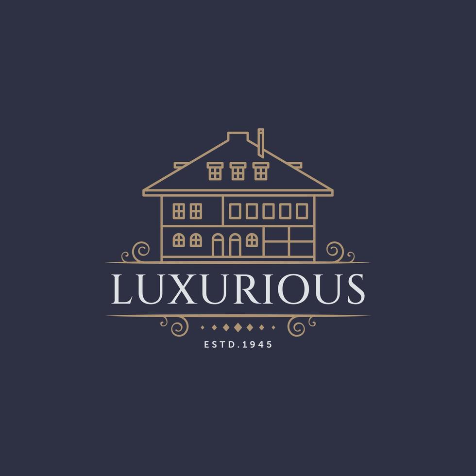 luxurious classic hotel line art icon label logo template vector illustration design. linear building for real estate with flourishes calligraphic elegant ornament lines icon logo concept