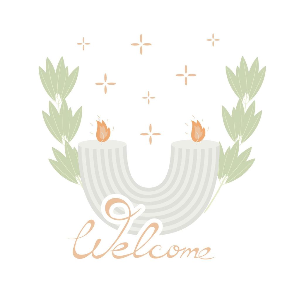 Composition with handmade scented candles made of soy  wax in candlesticks and jars of various shapes. Template for postcards banners with the inscription welcome in the Scandinavian folk hygge style vector
