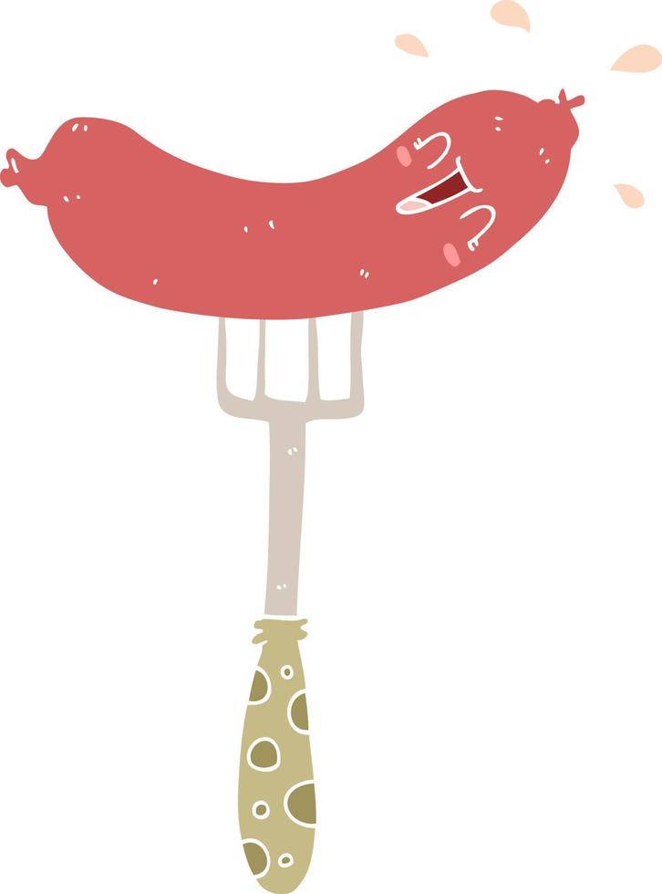 flat color style cartoon happy sausage on fork vector
