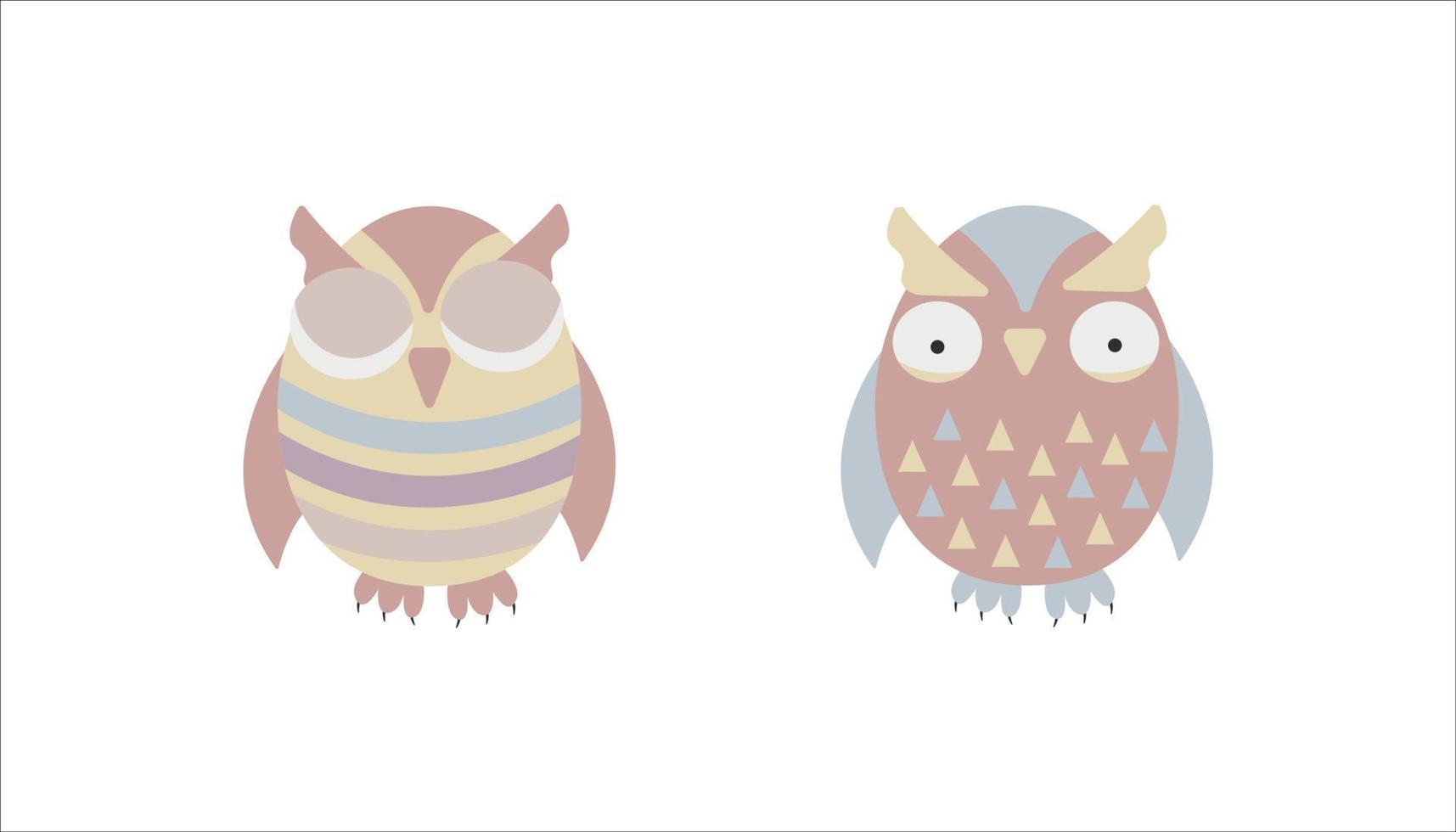 Cute pastel cartoon crazy owls. Vector wild birds set for baby showers, birthdays and invitation designs.