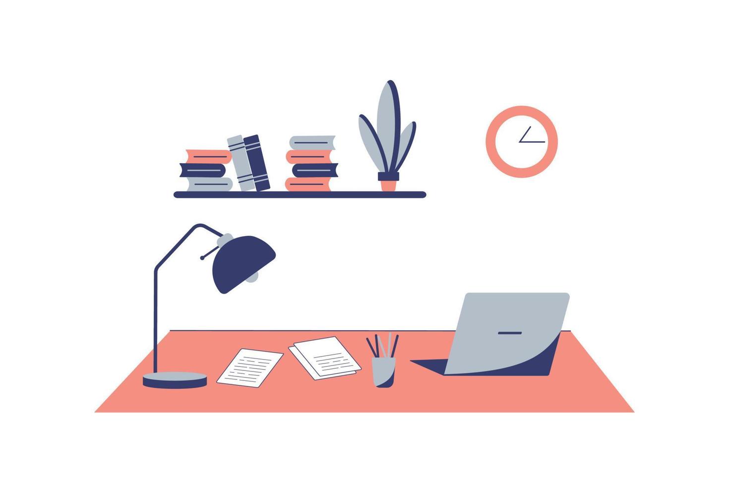 Freelance workplace. Home or office workspace with a desk, laptop computer, lamp, pencil cup, clock and books shelf on the wall. Modern flat style pink vector illustration.