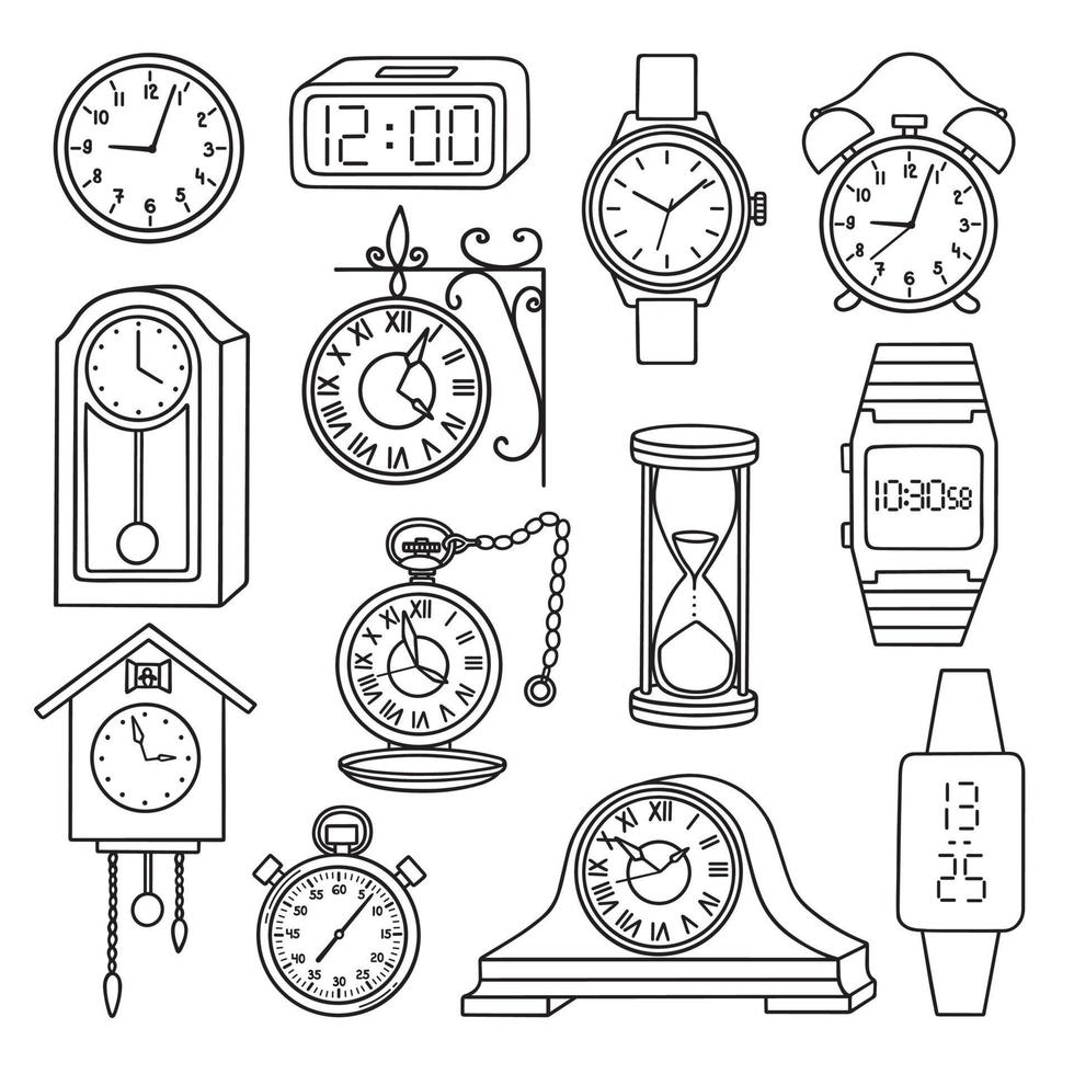 Hand drawn set of watches doodle. Old street clock, wristwatch, alarm