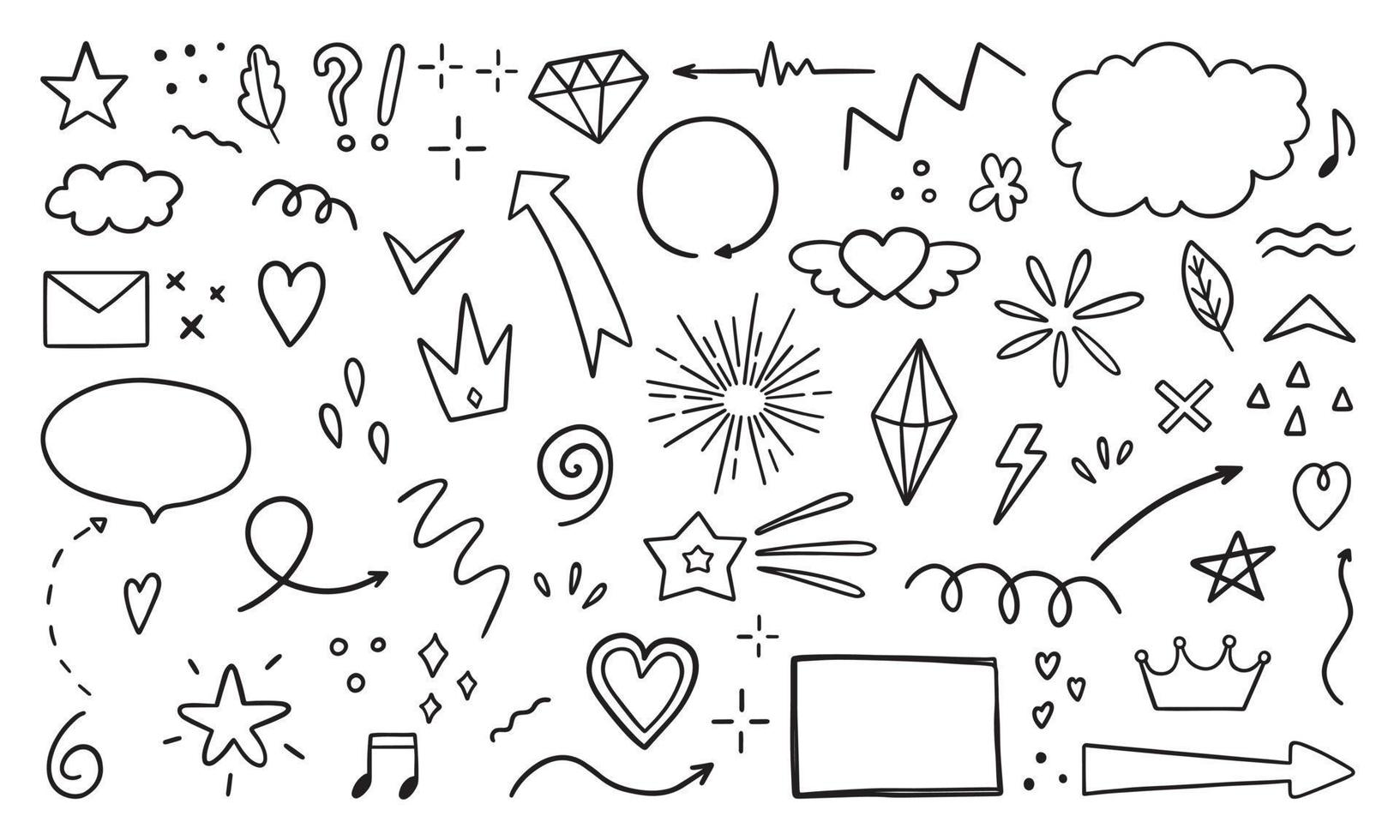 Hand drawn set of Abstract doodle elements. Arrows, heart, star, crown, signs and symbols in sketch style. Vector illustration isolated on white background