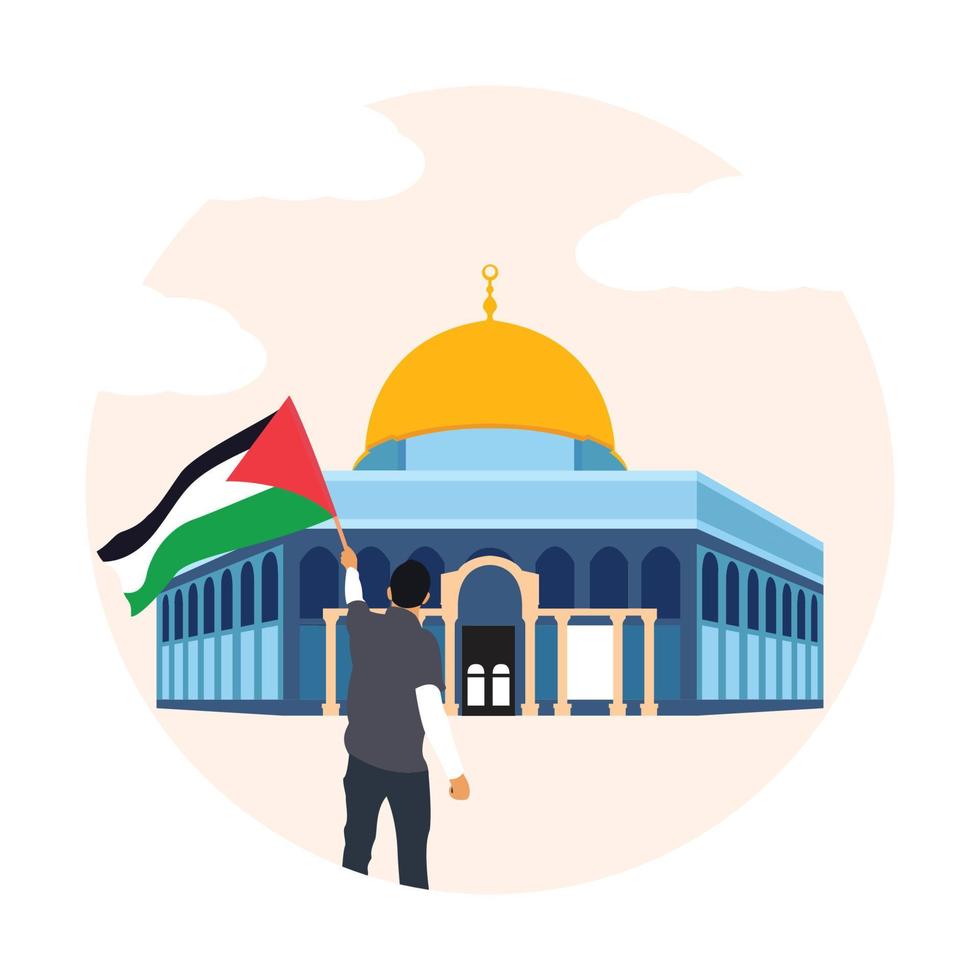 un hombre protesta frente a al aqsa masjid con una ilustración de vector de bandera palestina para afiche, publicación, pancarta, camiseta. Palestina libre.