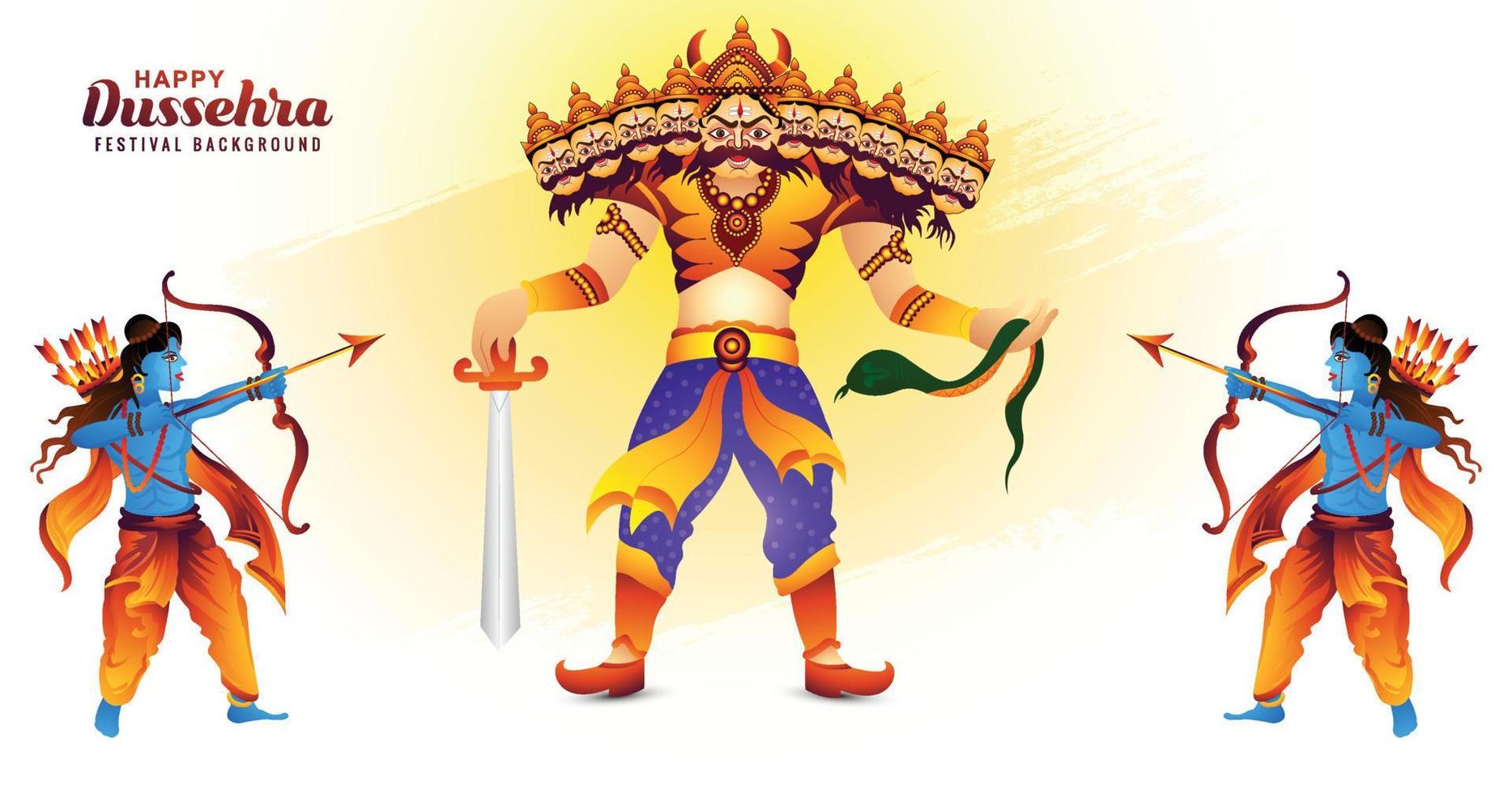 ilustración de lord rama matando a ravana en el fondo de la tarjeta del festival feliz dussehra vector