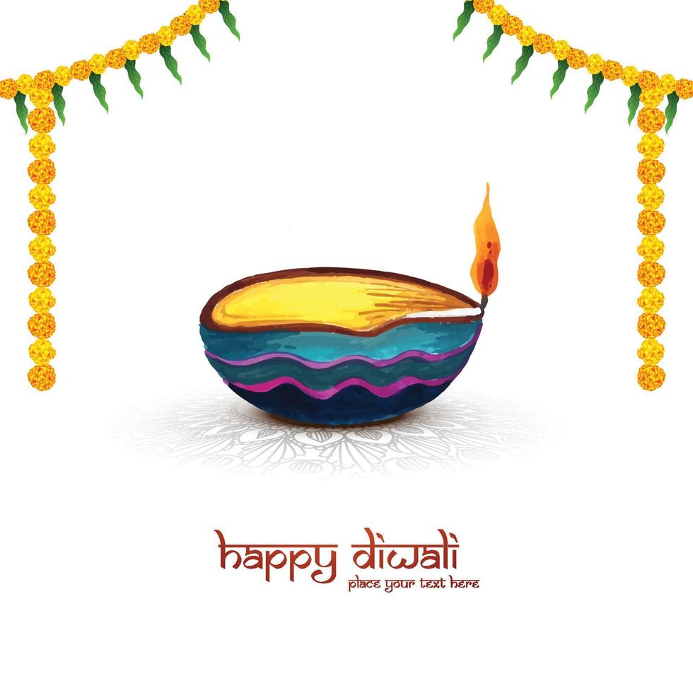 Illustration of watercolor burning diya on happy diwali celebration background vector