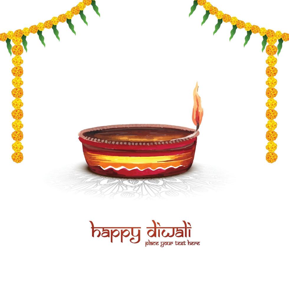 Beautiful diwali greeting card with watercolor diya oil lamp design vector