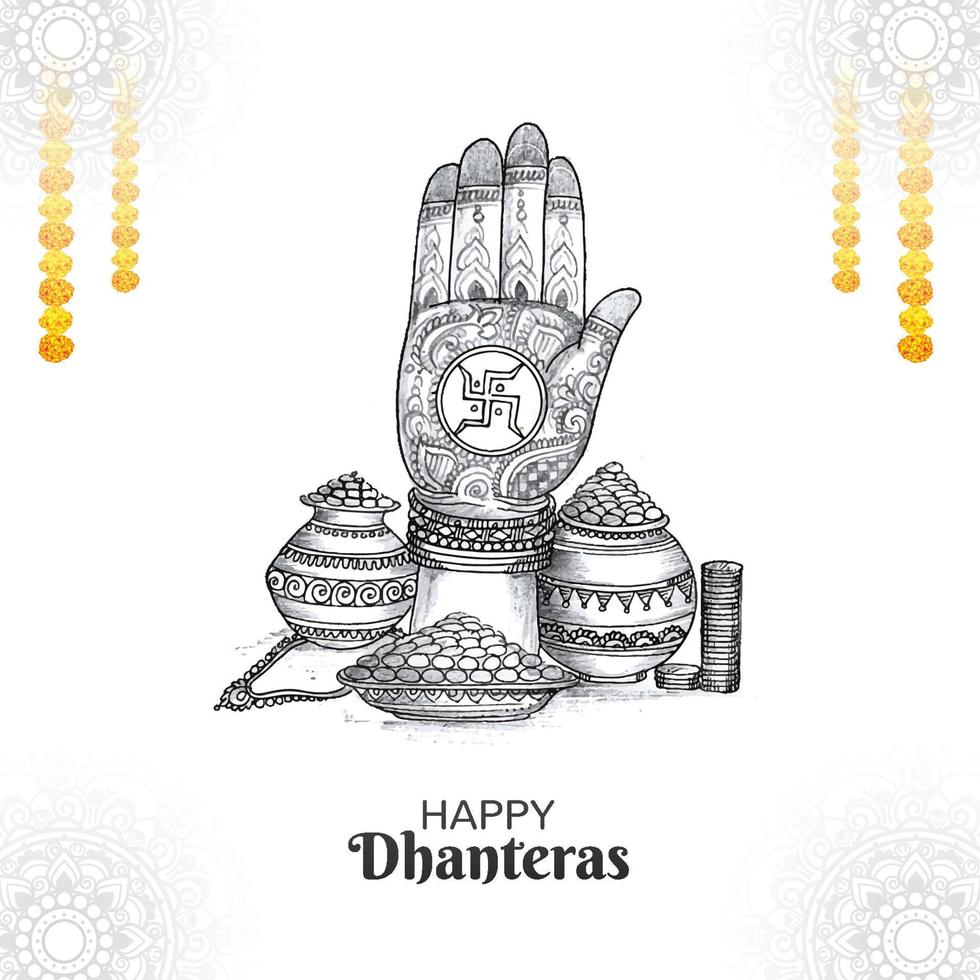 Goddess laxmi blessing with sketch jewellery and coins for indian festival dhanteras design vector