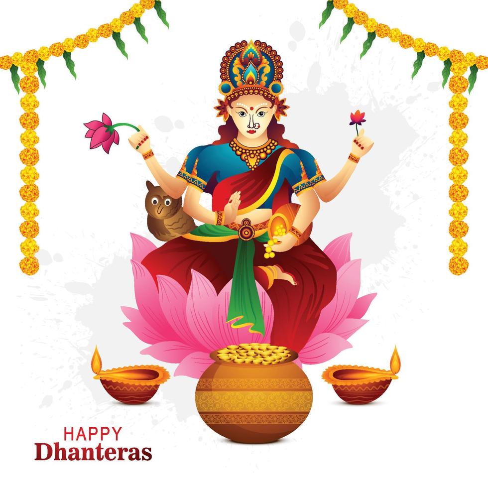 Illustration of happy dhanteras gold coin in pot with maa lakshmi celebration background vector