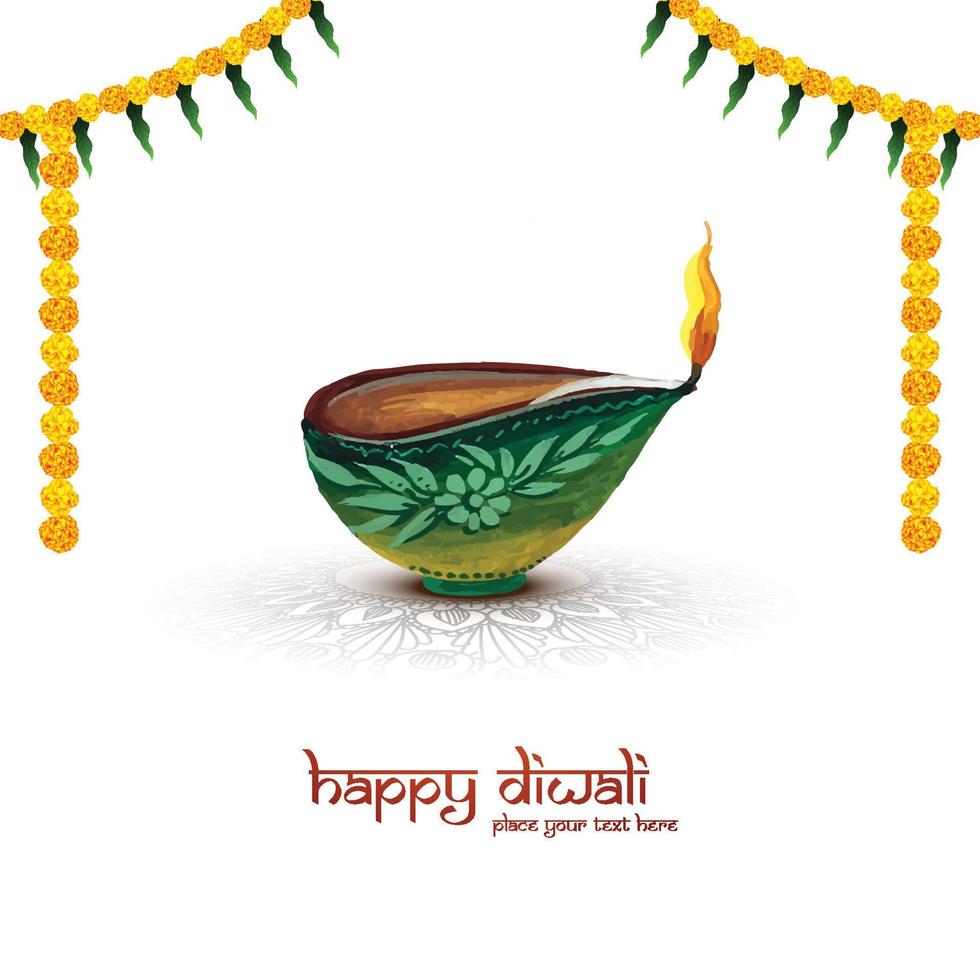 Illustration of watercolor burning diya on happy diwali celebration background vector