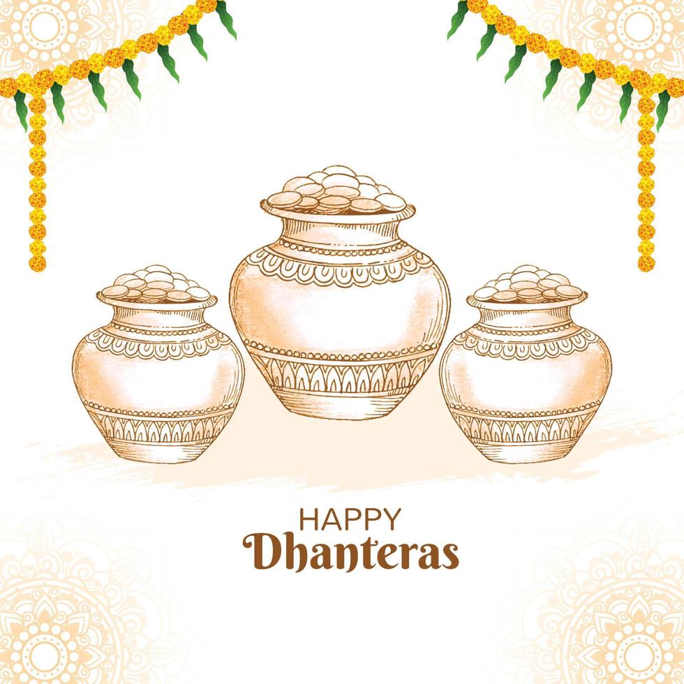 Hand draw happy dhanteras sketch coins celebration card background vector