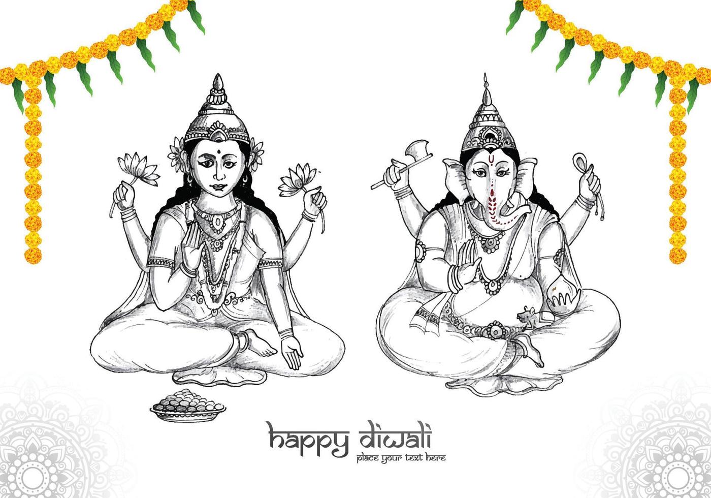 Beautiful celebration happy diwali for ganesh laxmi sketch card background vector