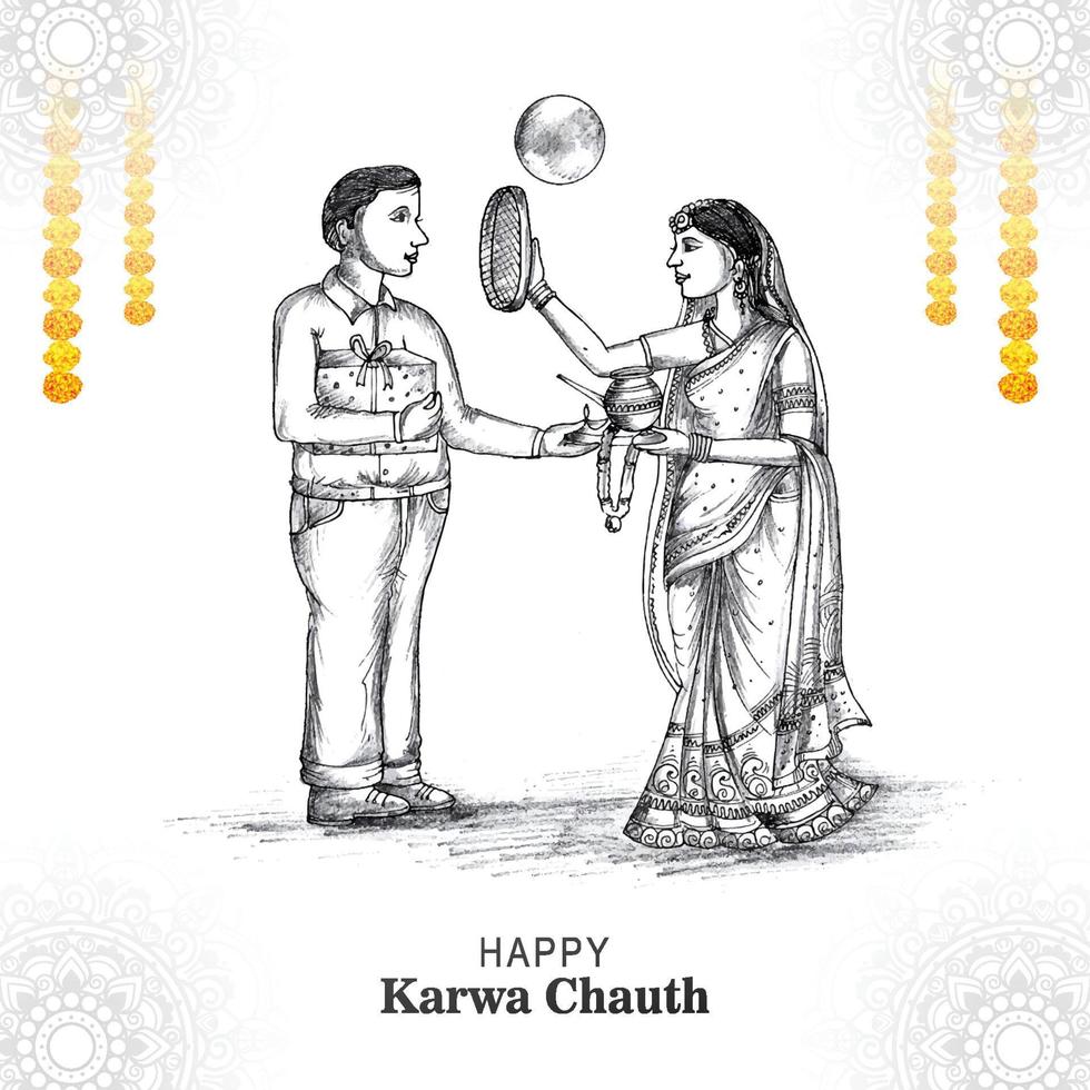 Happy karwa chauth festival card with indian copule sketch background vector