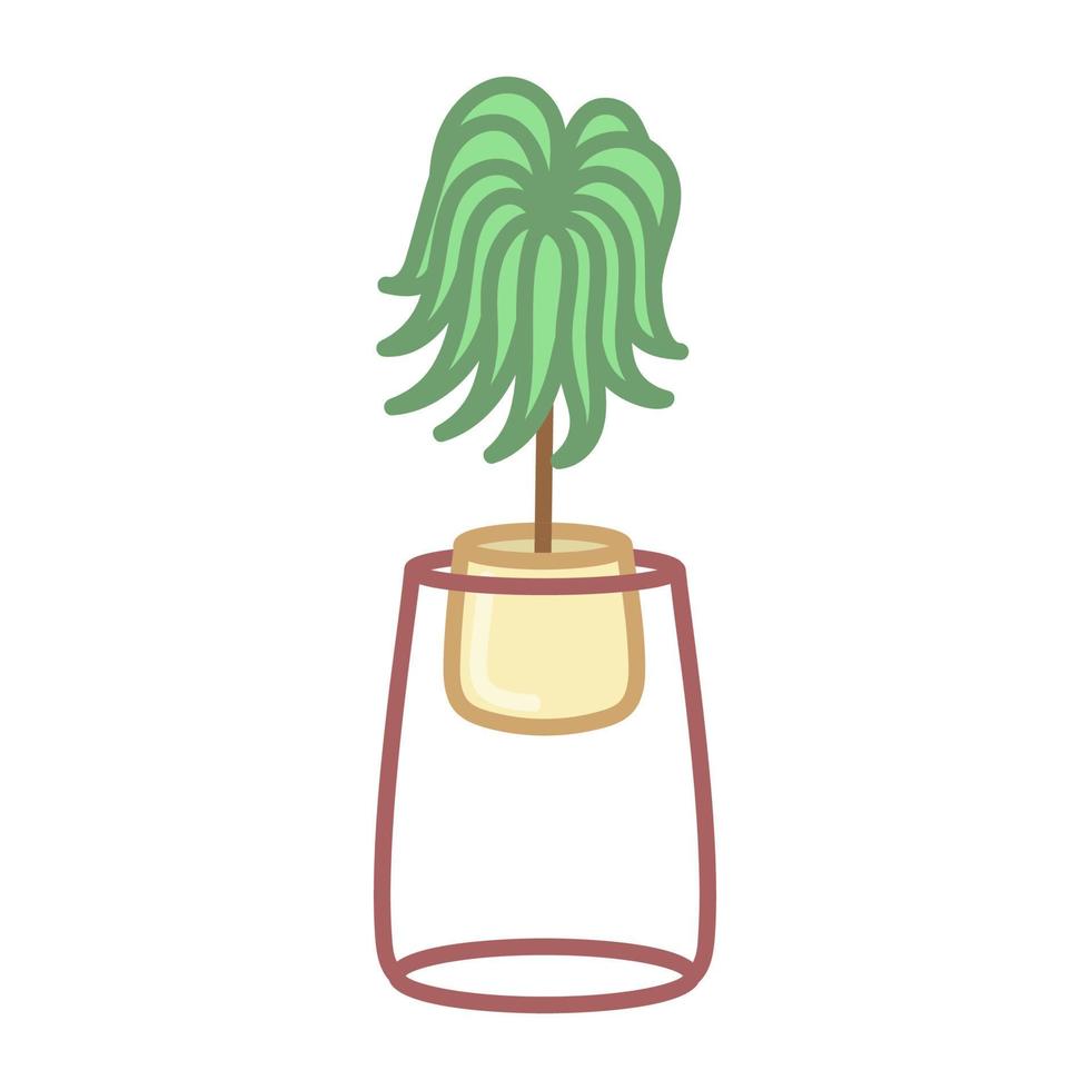 Palm tree in yellow pot on a stand. Hand drawn illustration in cartoon style. Vector isolated on white background.