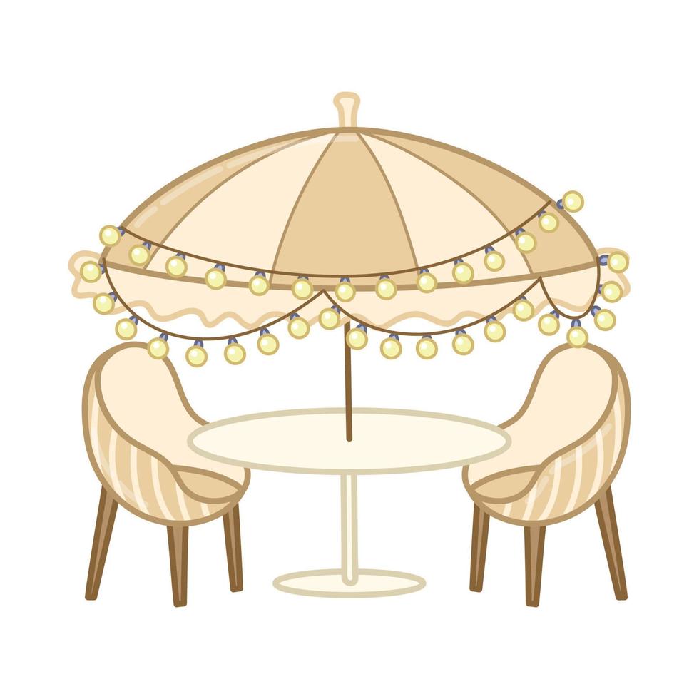 mesa de jardín con sombrilla y sillas. estilo de dibujos animados mano de arte vectorial dibujada sobre fondo blanco. vector