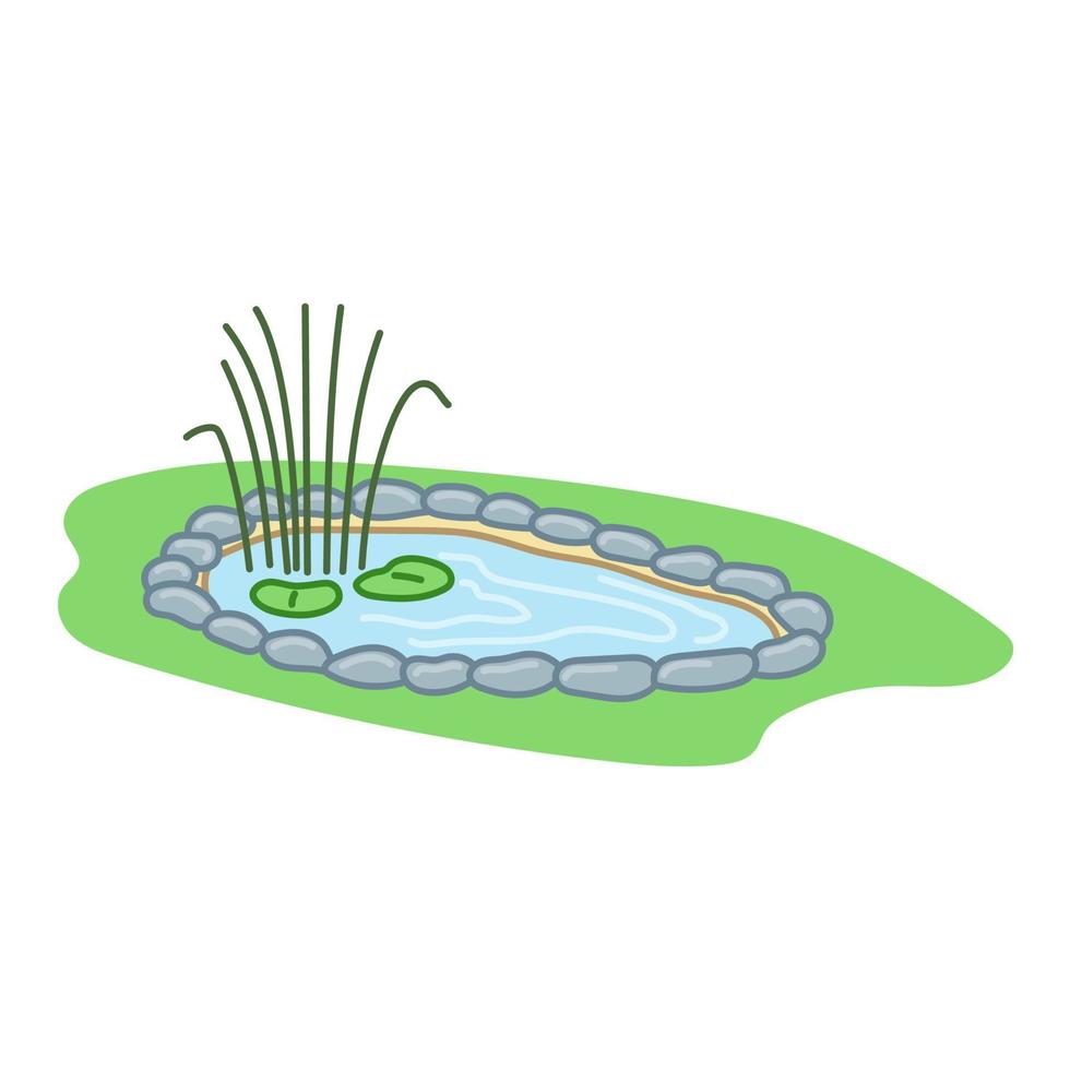 Small garden pond. Cute illustration in cartoon style. Vector art on white background.