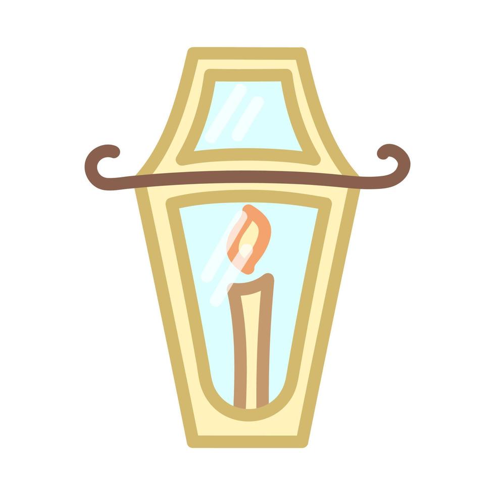 Street lamp with burning candle. Old style element for garden decorations. Hand drawn illustration in cartoon style. Vector isolated on white background.