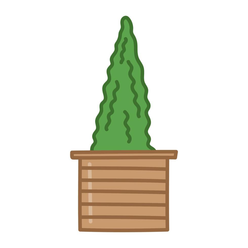 árbol en maceta caja de madera con planta. ilustración dibujada a mano en estilo de dibujos animados. vector aislado sobre fondo blanco.