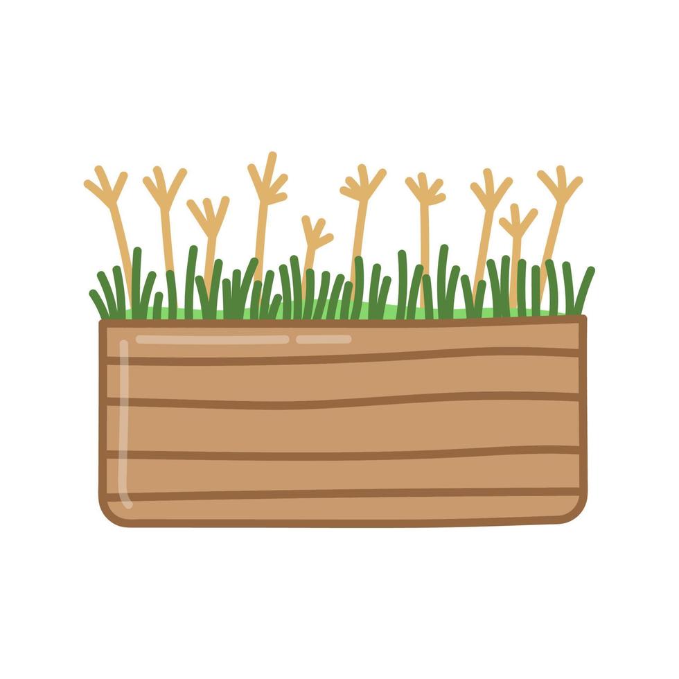 caja de madera con plantas y césped. ilustración dibujada a mano en estilo de dibujos animados. vector aislado sobre fondo blanco.