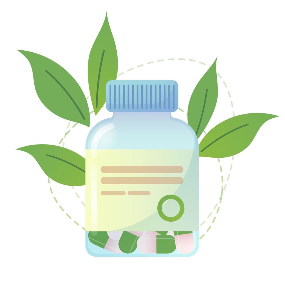 Homeopathic pills in bottle with green leaves decoration. Alternative medicine. Herbal capsules. Vector illustration isolated on white background.