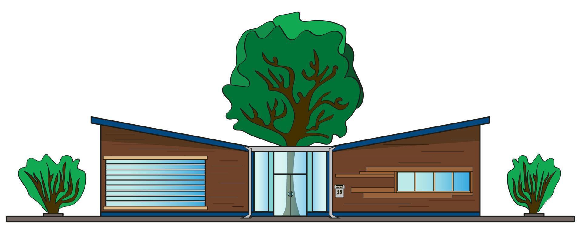 Modern one-storey house. Tree grows inside the house. Vector illustration isolated on white background.